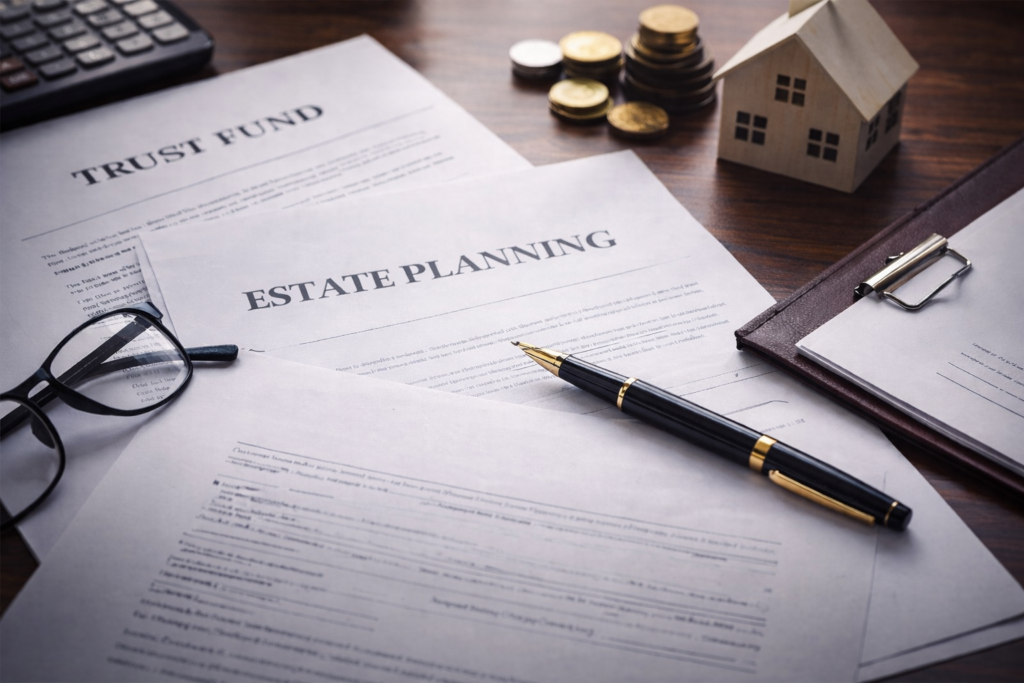 Estate planning documents with pen, glasses, house model and coins on a desk representing trusts and wealth management