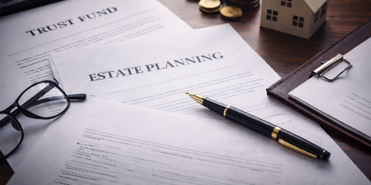 Estate planning documents with pen, glasses, house model and coins on a desk representing trusts and wealth management