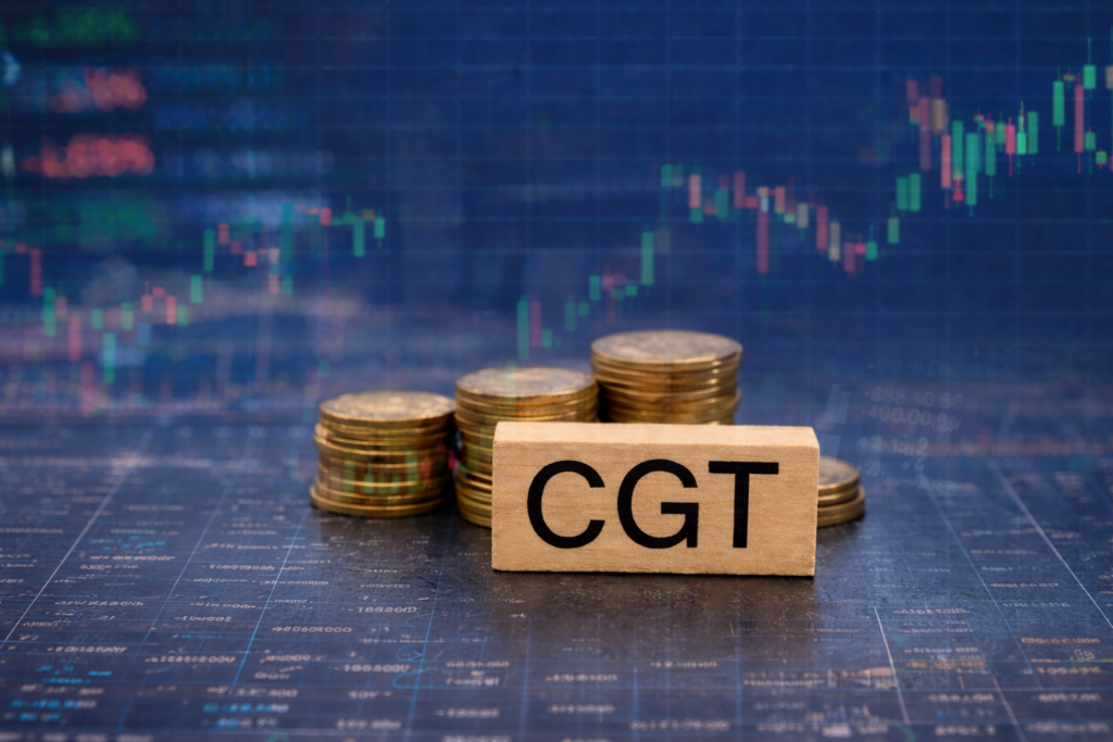 Wooden block labeled CGT with stacked coins and stock market chart background