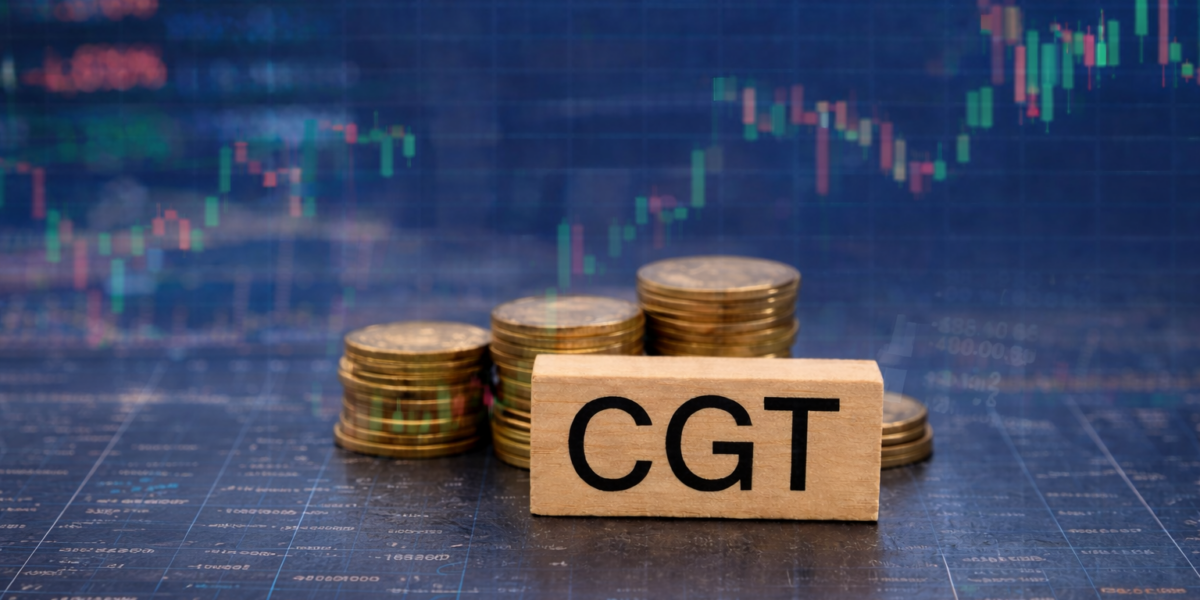 Wooden block labeled CGT with stacked coins and stock market chart background