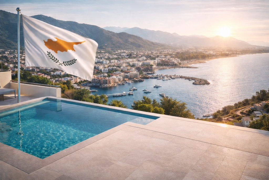 Coastal view of Cyprus with a seaside town, mountains, and infinity pool overlooking the Mediterranean at sunset