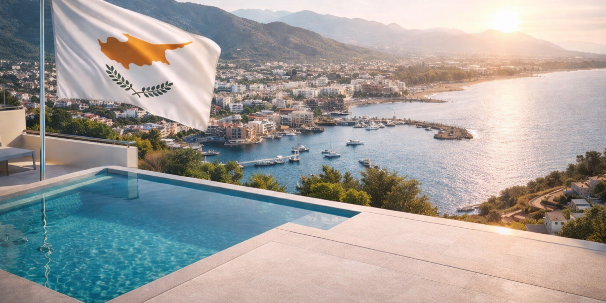 Coastal view of Cyprus with a seaside town, mountains, and infinity pool overlooking the Mediterranean at sunset